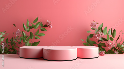 3d pink podium with leaves and flowers decoration