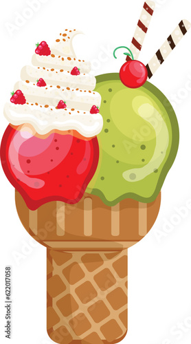 Vector illustration delicious colorful ice cream waffle cone. Icecream raspberry green tea cream scoops waffle cone. on white background. Idea for poster, product, t-shirt. Vector icon ice cream cone.