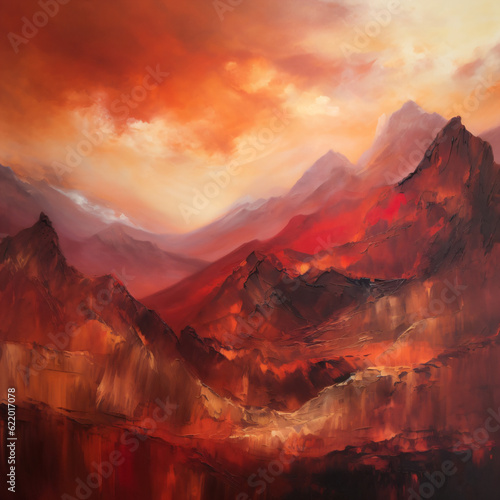 An oil painting of a red scenic mountain range with vibrant red clouds in the sky Generative Ai