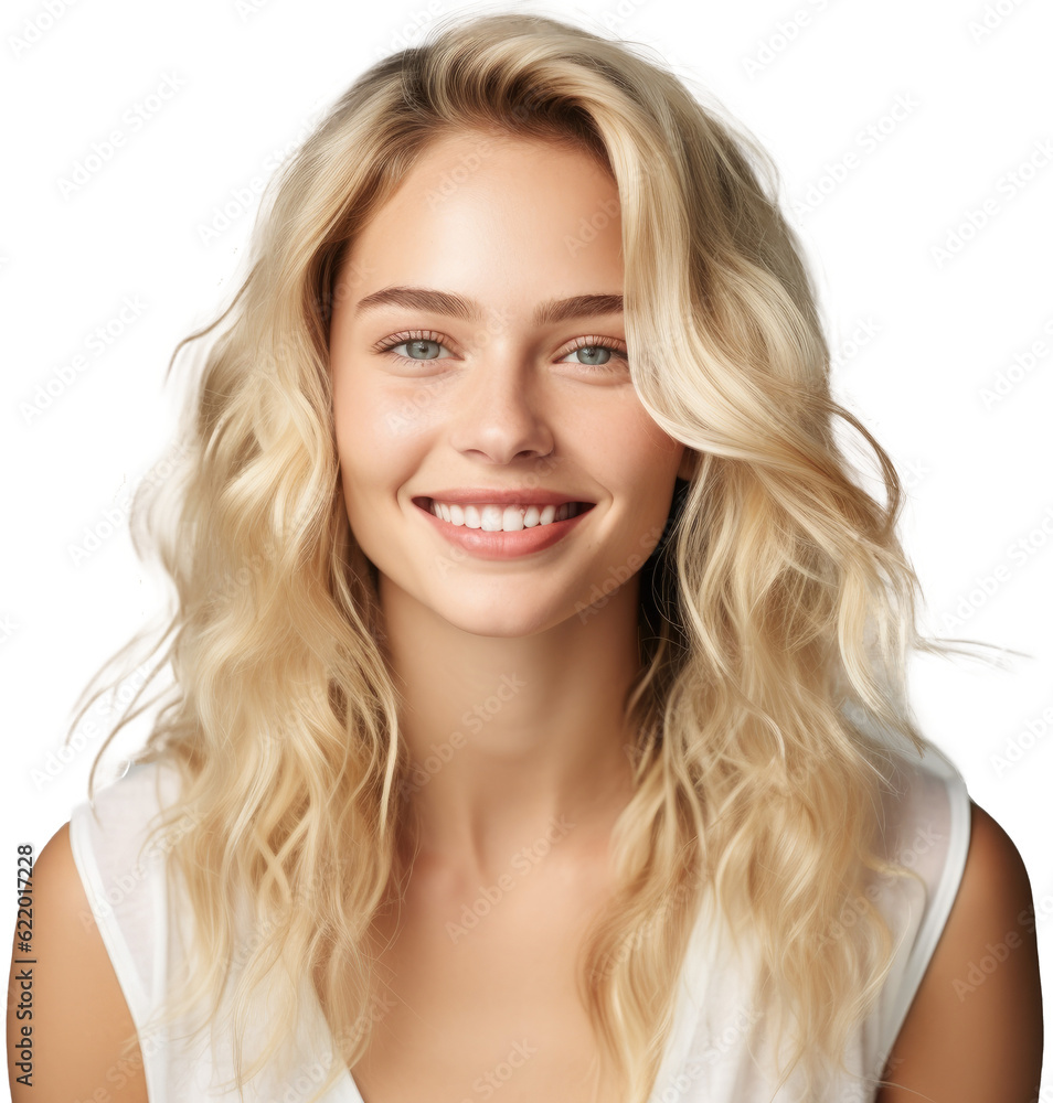 Portrait of a pretty smiling blond young model isolated on white background as transparent PNG Portrait of a pretty smiling blond young model isolated on white background as transparent PNG