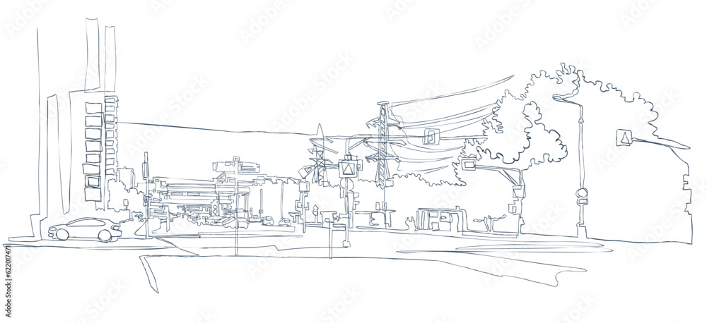 Urban landscape. A modern city. Drawing with one continuous line.