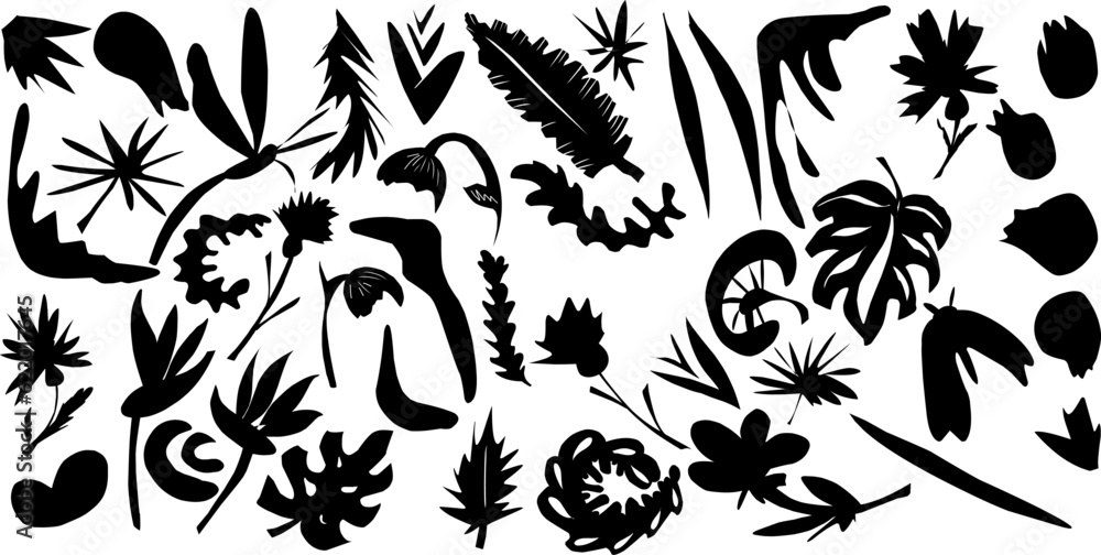 Doodle collection of black organic shapes. Flat botanical stylized shapes of leaves and flowers. Vector set
