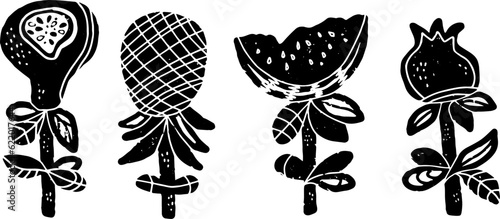 Stylized fruits, pineapple, watermelon, pomegranate, fig. Black hand drawn linocut style, grunge rough old texture. Element for design. Vector set