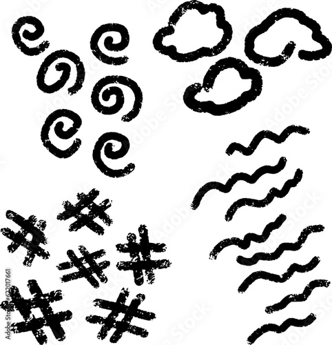 Vector black elements, grunge rough old texture. Lines, swirls, lattices, waves