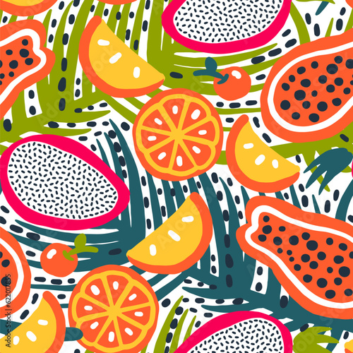 Seamless pattern with tropical fruits and plants. Vector illustration
