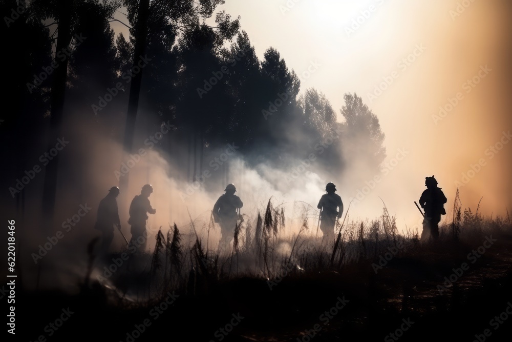  Dark Silhouette of Firefighters and a Fire Truck in Front of a Gigantic Burning Forest Fire, Confronting a Wall of Flames and Smoke, with Courageous Efforts to Extinguish the Fire, global warming