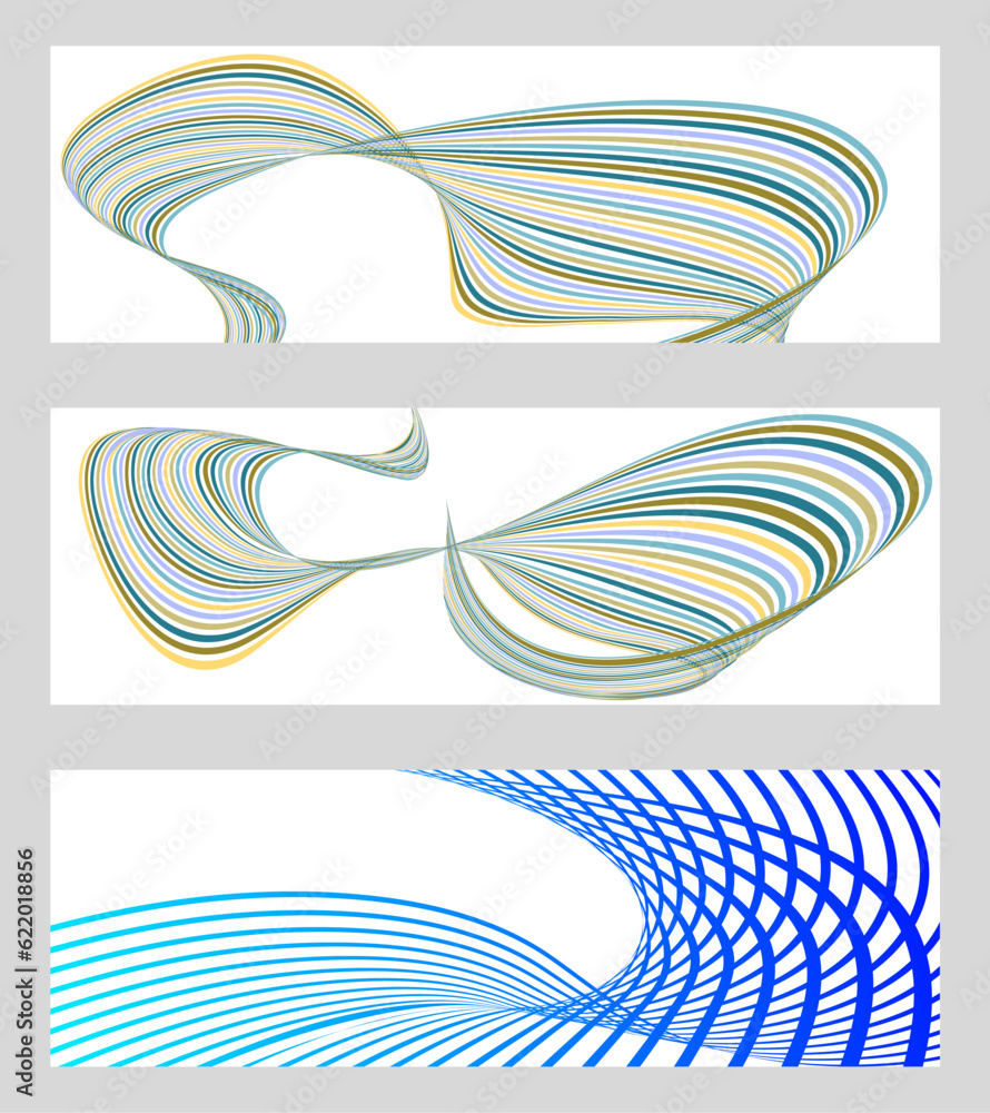Wavy lines or ribbons. Set of 3 backgrounds. Multicolored striped gradient. Creative unusual background with abstract gradient wave lines to create a trendy banner, poster. vector eps Wavy lines or ribbons. Set of 3 backgrounds. Multicolored striped gradient. Creative unusual background with abstract gradient wave lines to create a trendy banner, poster. vector eps
