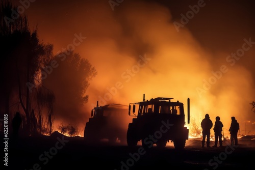  Dark Silhouette of Firefighters and a Fire Truck in Front of a Gigantic Burning Forest Fire  Confronting a Wall of Flames and Smoke  with Courageous Efforts to Extinguish the Fire  global warming