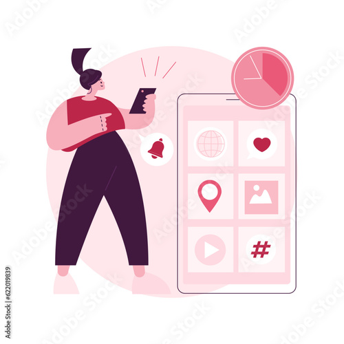 FOMO abstract concept vector illustration. Fear of missing out, social anxiety, having fun, stay connected, social interaction, internet use, psychological health and well-being abstract metaphor.