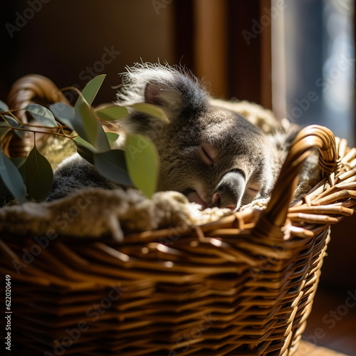 A cute little koala sleeps in a wicker basket near a window with sunlight falling.Generative AI