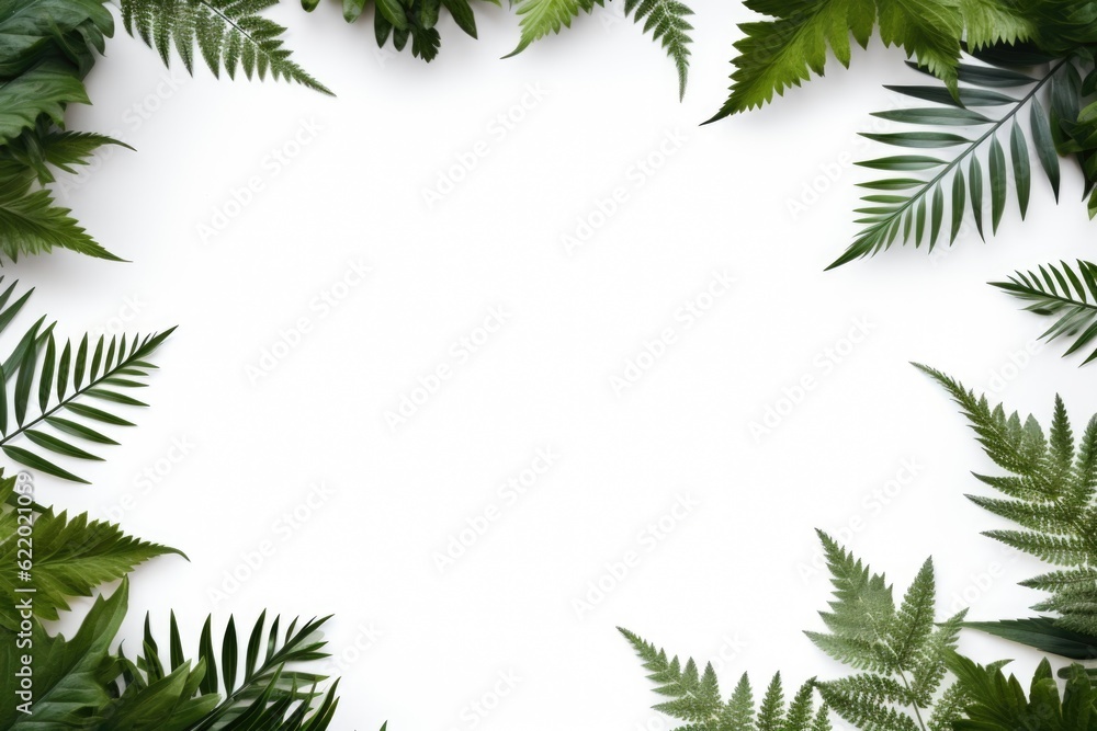 Mockup frame, A rustic wooden frame layout with fern leaves gently overlapping the corners, Generative AI