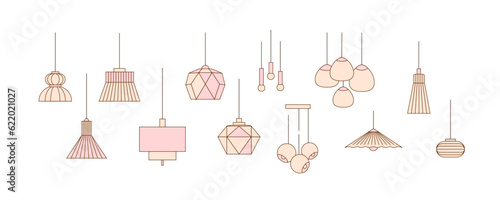Set of ceiling lamps of different sizes and shapes on long cable in form of icons on white background. Vector illustration of lamps for interiors in different styles.