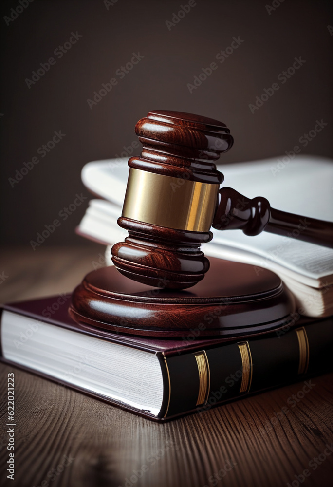 The judge's gavel lies near the book in the office on a wooden table. AI Generated The judge's gavel lies near the book in the office on a wooden table. AI Generated