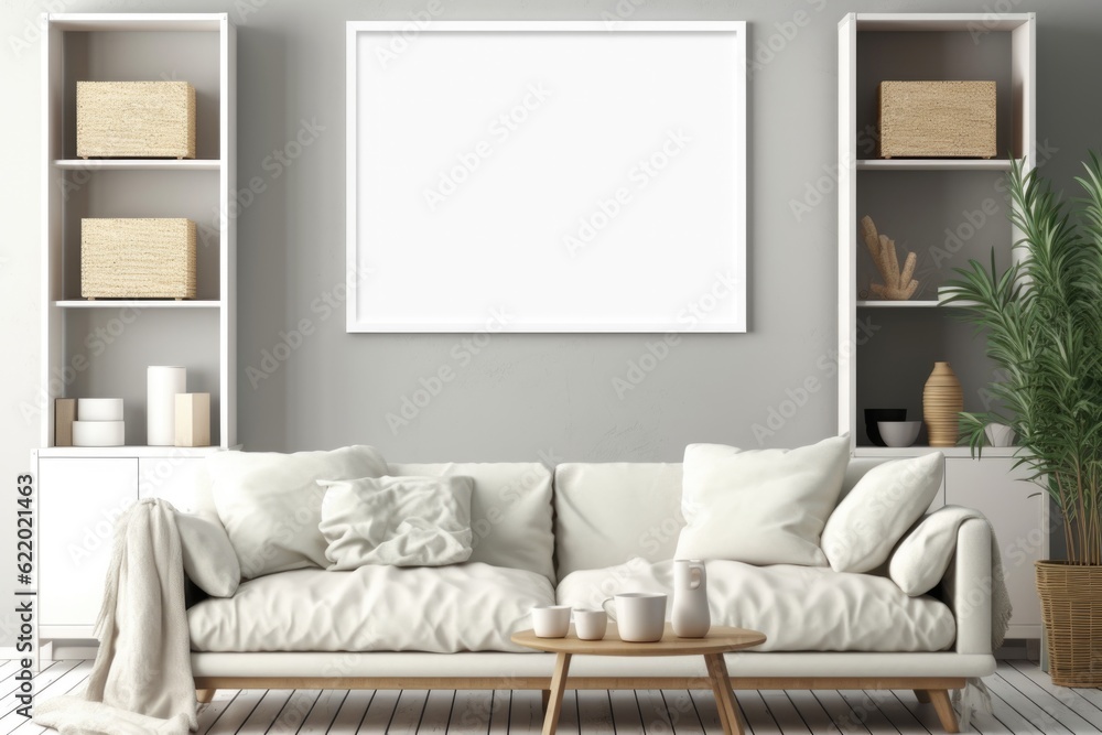 frame mockup on white wall. Modern living room design Generative AI frame mockup on white wall. Modern living room design Generative AI