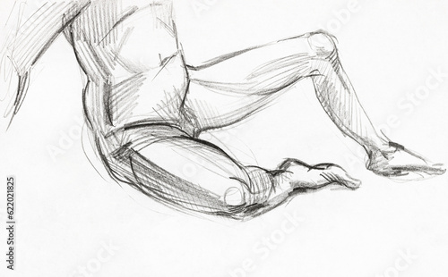 training hand drawn sketch of sitting male body on white paper by lead pencil