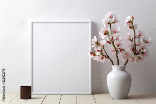 Mockup frame, White Background Kitchen Mockup with Orchid-Adorned Frame. Generative AI