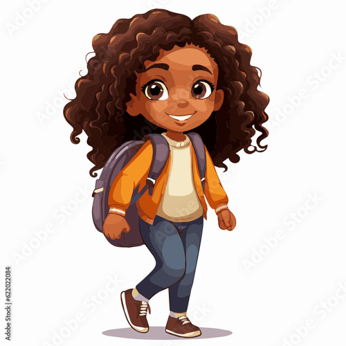 simple cartoon clipart black african american girl student child going to school white background