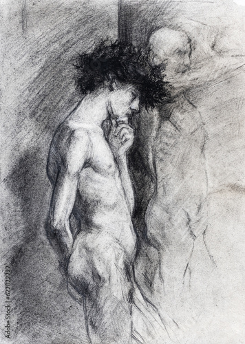 Fényképezés hand-drawn study reproduction of fragment of drawing Nude figure of a man in pro