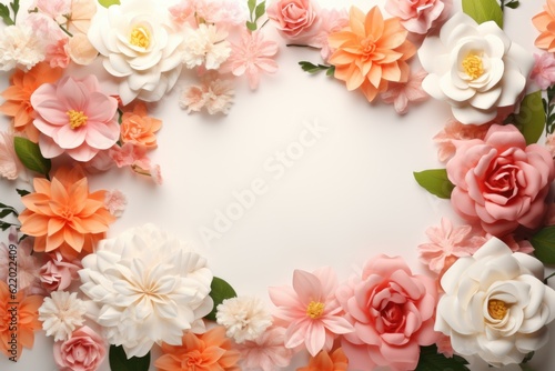 Mockup frame  A delicate  pastel-colored mockup frame against a flowery wallpaper. Generative AI