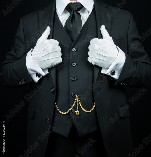 Portrait of Butler or Concierge in Dark Suit and White Gloves Standing Confidently. Concept of Service Industry and Professional Hospitality.