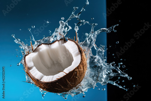 Captivating Coconut Splash: Coconut on a Dark Background with Water Splash - Generative AI