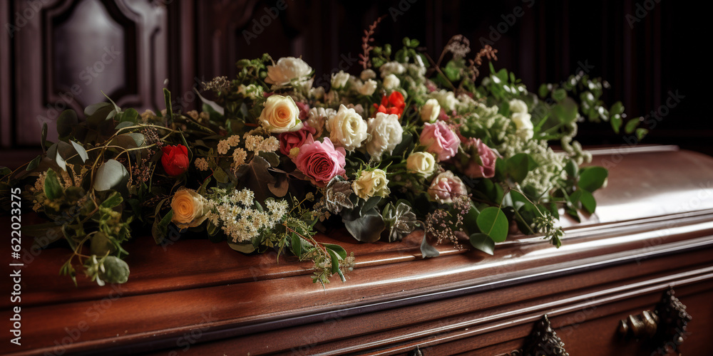 Generative AI, multi-colored flowers on the lid of the coffin, ceremony, funeral, ritual, farewell to the deceased, black background, floristic composition, funeral service, space for text