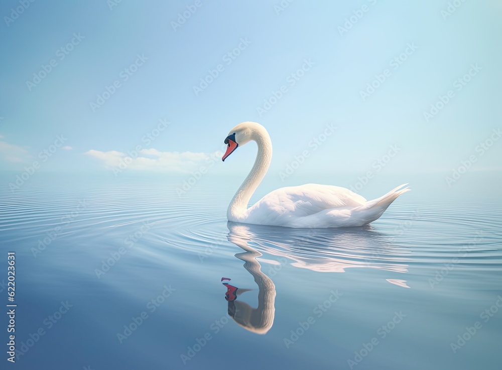 Fototapeta premium White swan in the foggy lake at the dawn. Morning lights. Romantic background. Beautiful swan. Cygnus. Romance of white swan with clear beautiful landscape. Created with Generative AI technology.