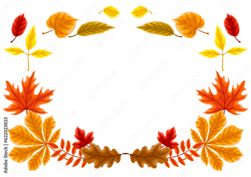 Frame with autumn leaves. Illustration with various foliage.