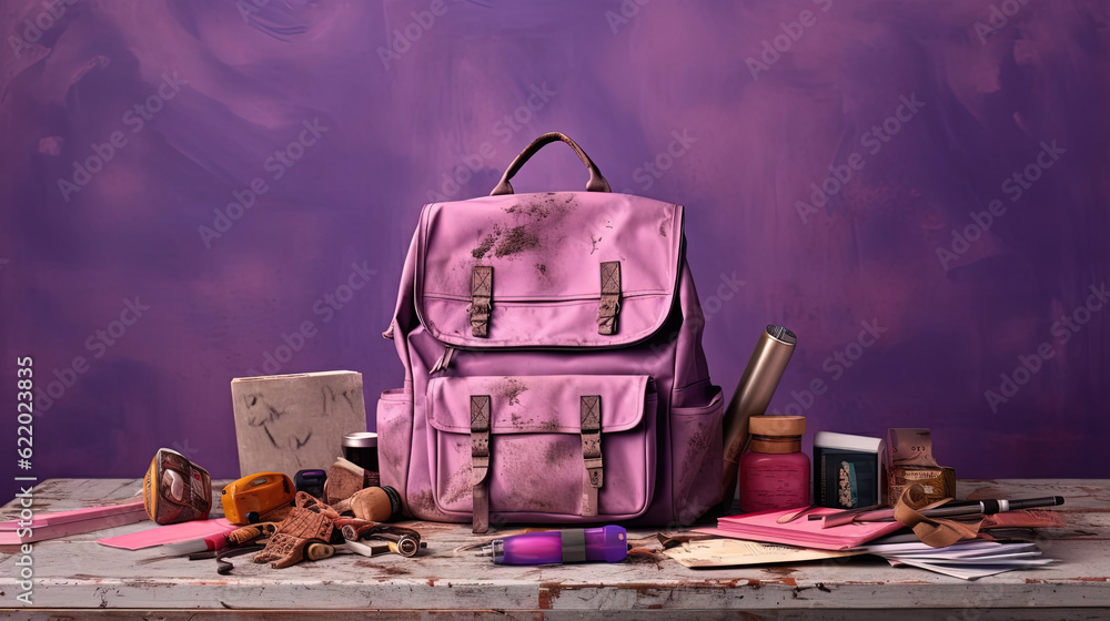 School backpack with colorful learning supplies. Back to school concept. Generated AI. School backpack with colorful learning supplies. Back to school concept. Generated AI.