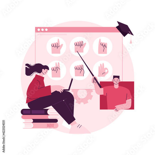 Sign language classes abstract concept vector illustration. Study sign language translation, voiceless basic communication, silent speech online classes, learn gesture alphabet abstract metaphor.