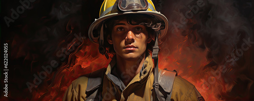 Fireman portrait. The house is on fire background