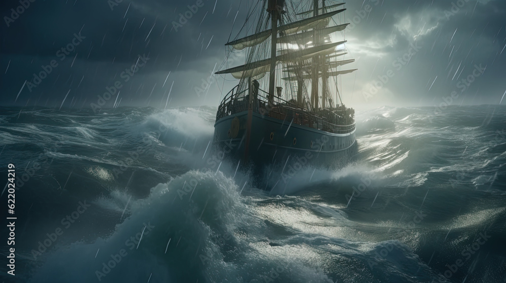 Obraz premium Ship in the stormy sea with huge waves. Giant stormy waves in the ocean and boat. Generated AI.