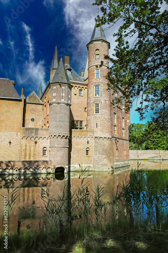 Beautiful idyllic scenic water moat with reflection of medieval castle wall and tower - Kasteel Heeswijk, Netherlands