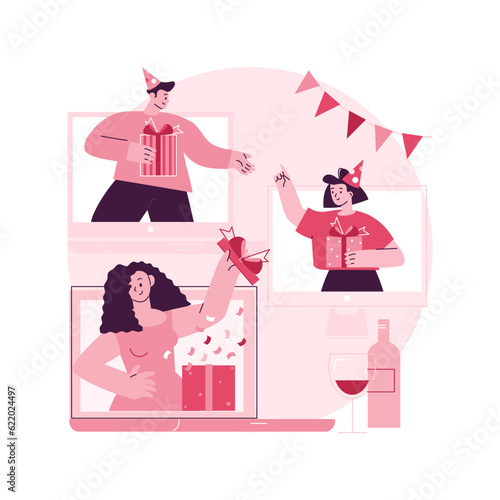 Sharing gifts online abstract concept vector illustration. Online celebration, unpacking present on video, sending greetings on camera, opening gift, virtual party, sharing fun abstract metaphor.