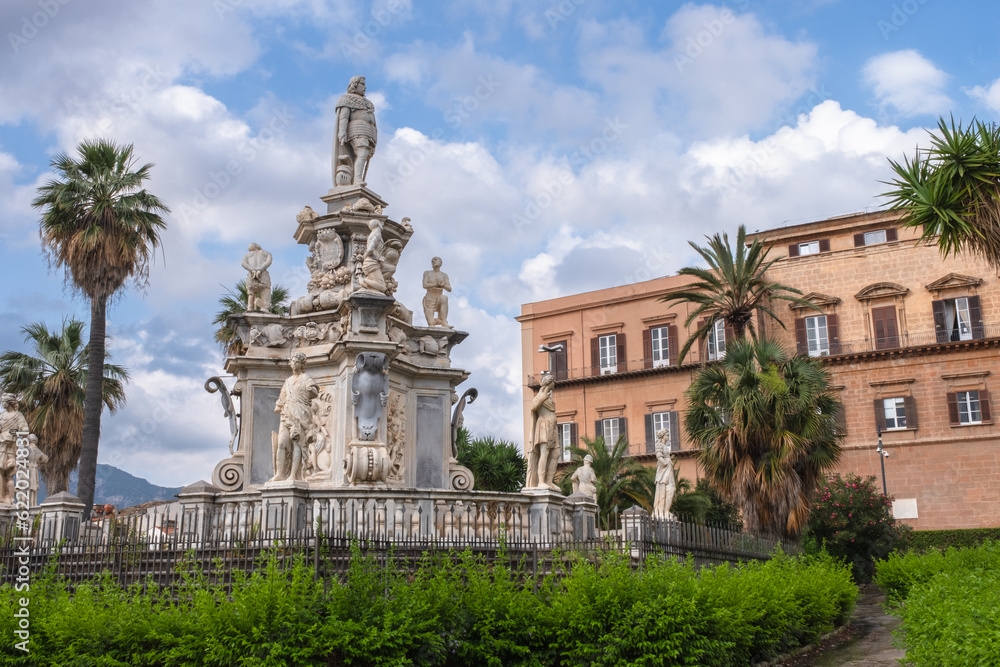 Monument statue of king Charles in front of the historical Norman palace in Palermo Sicily