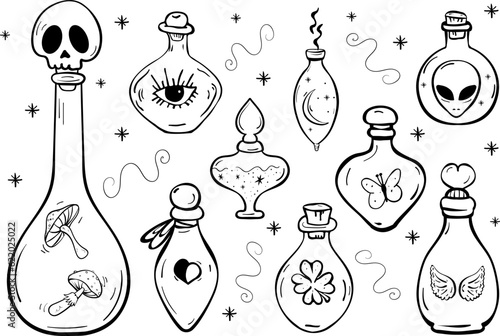 Magic Bottle Set, Halloween Potion Coloring Book Hand Drawn Illustration