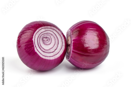Red onion bulbs with slices, isolated on white background.