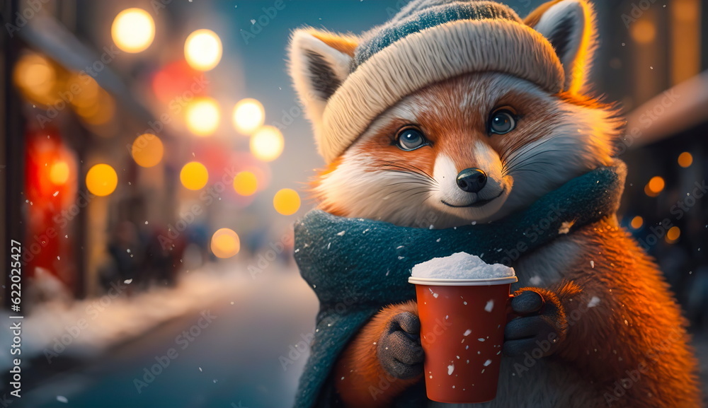 A cute smiling fox in a knitted hat drinks cocoa from a cup in the middle of a snowy street with colored bokeh.Generative AI