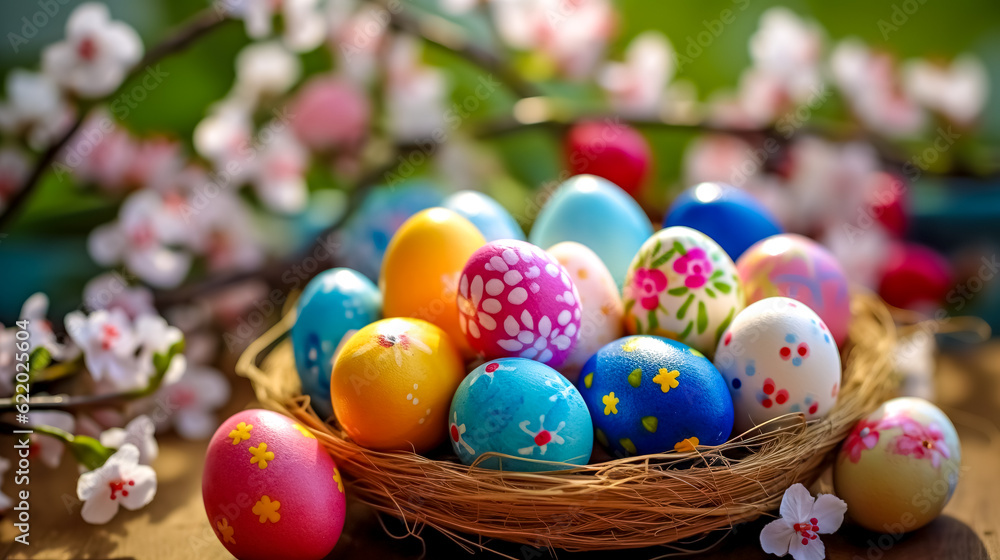 colored Easter eggs in a basket, celebration of religious holidays, made with Generative AI colored Easter eggs in a basket, celebration of religious holidays, made with Generative AI