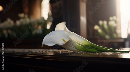 Generative AI, white flowers on the lid of the coffin, ceremony, funeral, ritual, farewell to the deceased, black background, calla lilies, floristic composition, funeral service photo