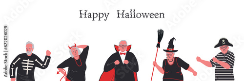Senior people in Halloween costumes are dancing and having fun. Halloween party template. Positive elderly people. Vector illustration