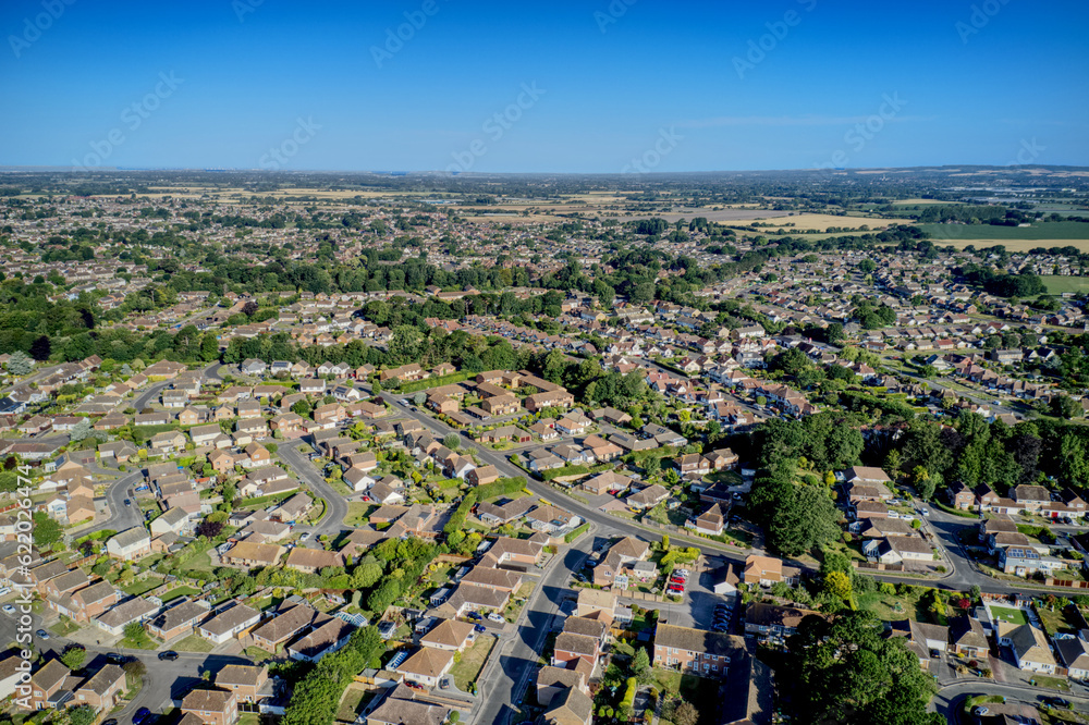 Aerial view over Aldwick and towards West Meads in Bognor Regis in West  Sussex, England.
