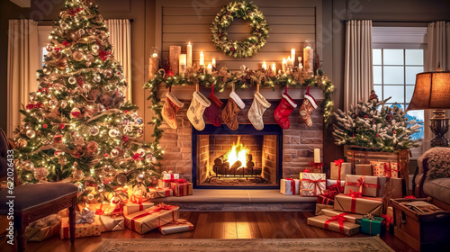 stylish Christmas interior with decorated tree, gifts and fireplace, made with Generative AI
