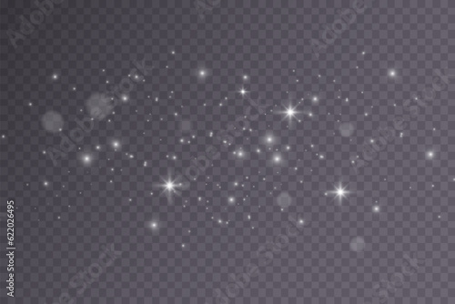 White png dust light. Bokeh light lights effect background. Christmas background of shining dust Christmas glowing light bokeh confetti and spark overlay texture for your design.