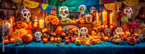 colorful decorations for the feast of the dead, banner made with Generative AI