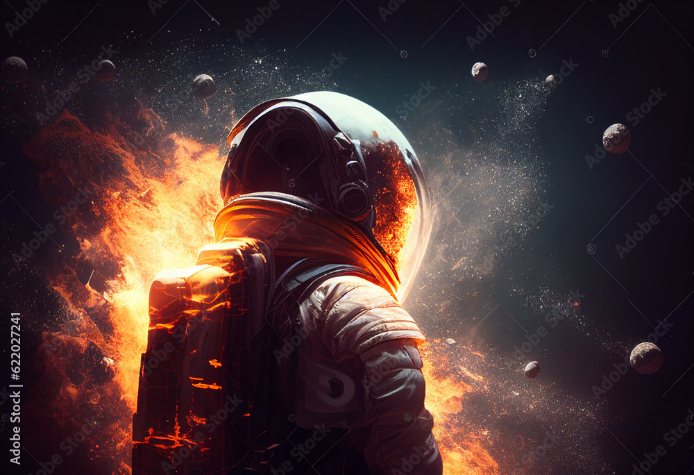 Astronaut looks at the explosion of stars in space. AI Generated Astronaut looks at the explosion of stars in space. AI Generated