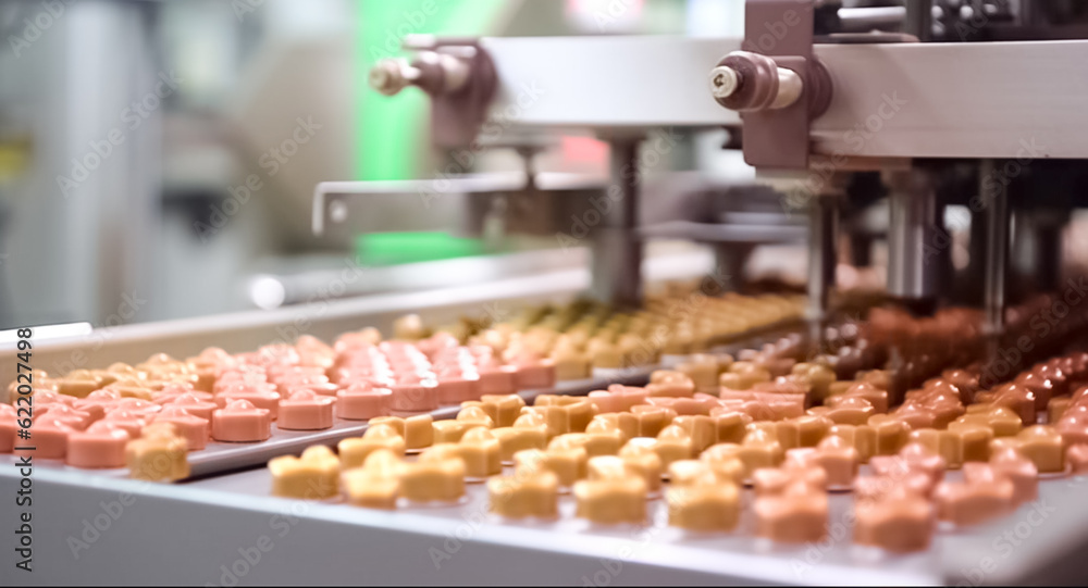 Sweet candy production at the confectionery factory. Automated production line. Modern food technology. 
