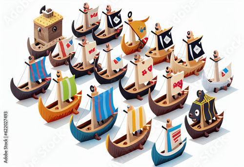 Small cartoon viking ships isolated on white background. AI Generated