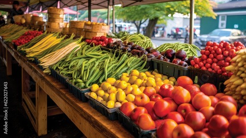 farmers market, filled with an array of colorful and fresh fruits, vegetables, and plant-based products, showcasing the abundance and variety of vegetarian options available.