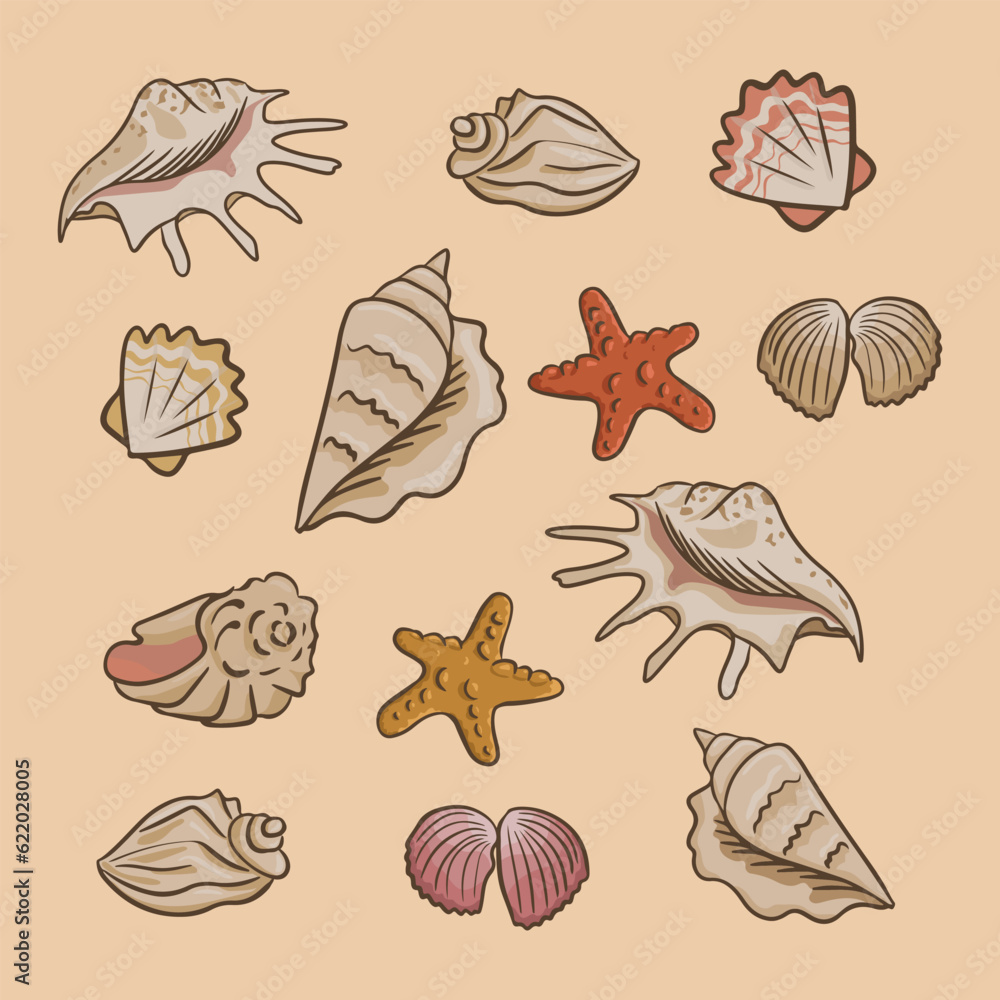Collection of flat vector seashells. Sea or ocean elements composition. Isolated seashells and starfish on sand background. Perfect for stickers, tatoo, pattern, background, wrapping paper Collection of flat vector seashells. Sea or ocean elements composition. Isolated seashells and starfish on sand background. Perfect for stickers, tatoo, pattern, background, wrapping paper